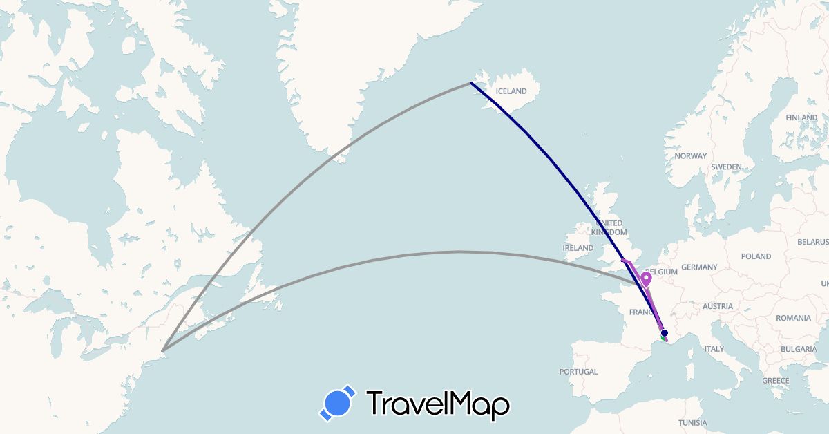 TravelMap itinerary: driving, bus, plane, train in France, United Kingdom, Iceland (Europe)